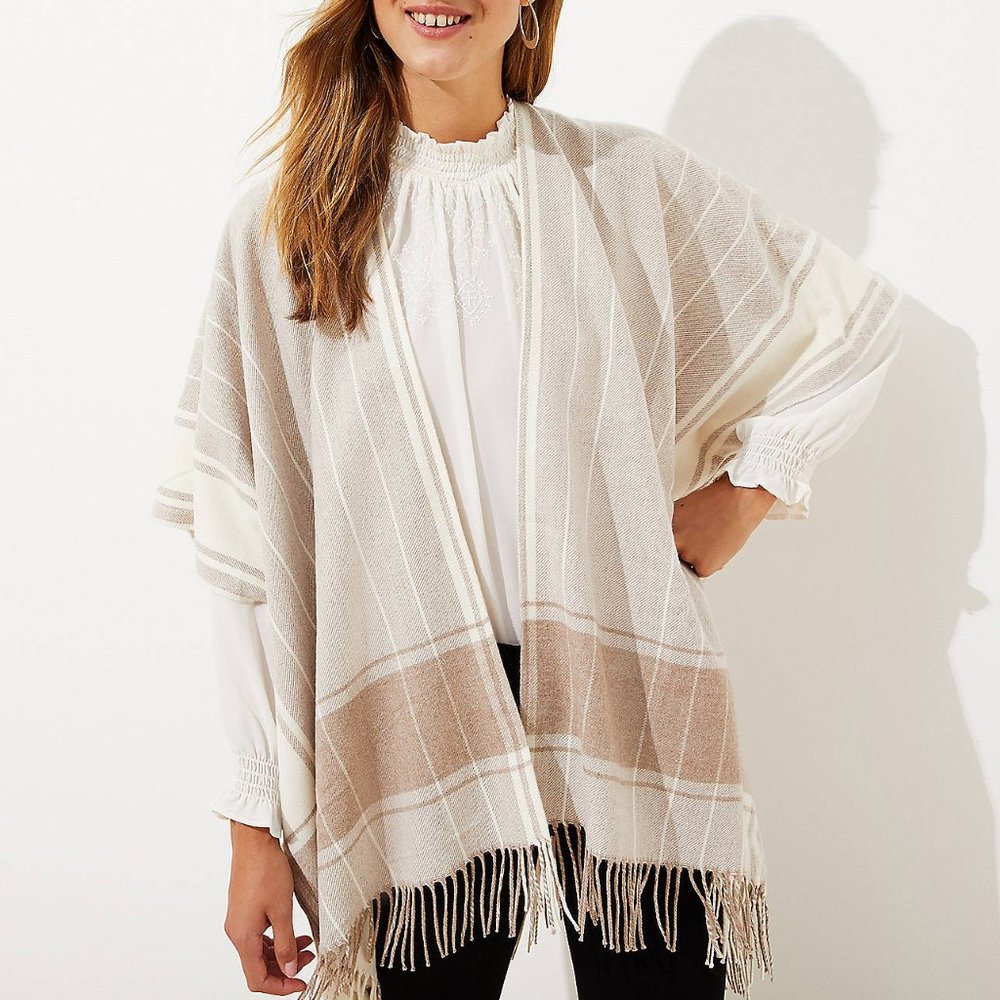 Ann Taylor LOFT Plaid Poncho Wrap Flaxen Beige Sz XS/S M/L NWT